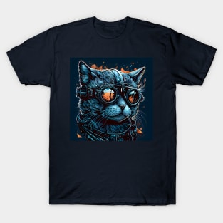 Blue steampunk cat drawn T-Shirt